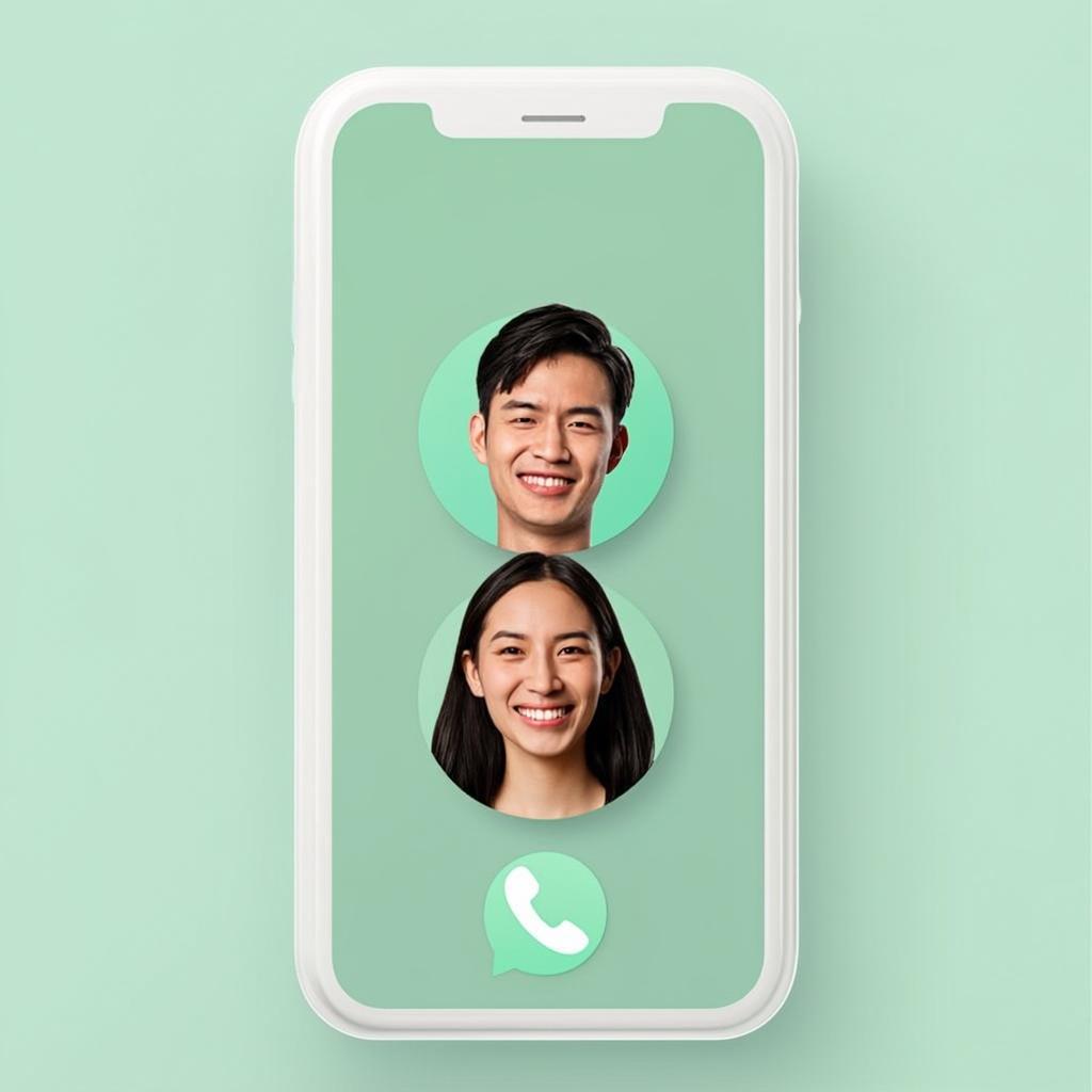 Smartphone showing a video call interface with two avatars and green call controls