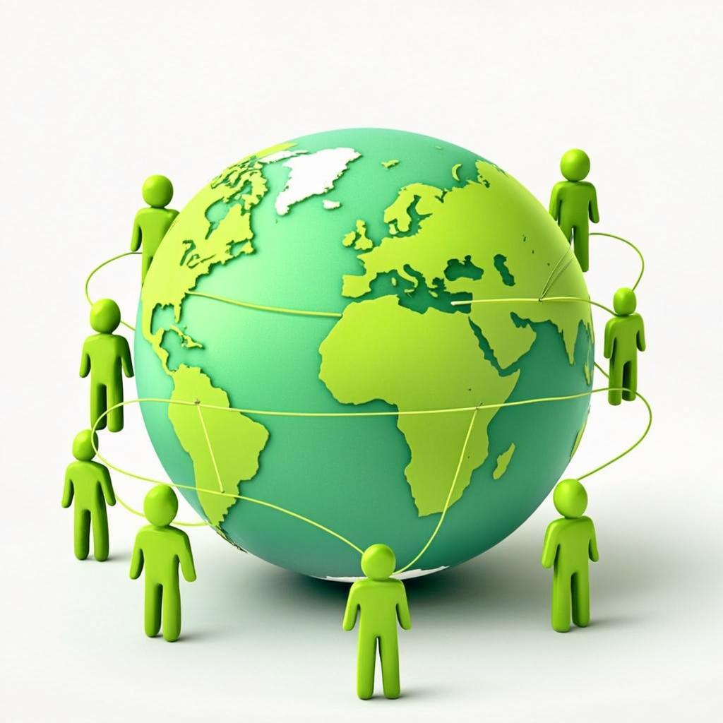 Globe with diverse user avatars connected around it representing global community