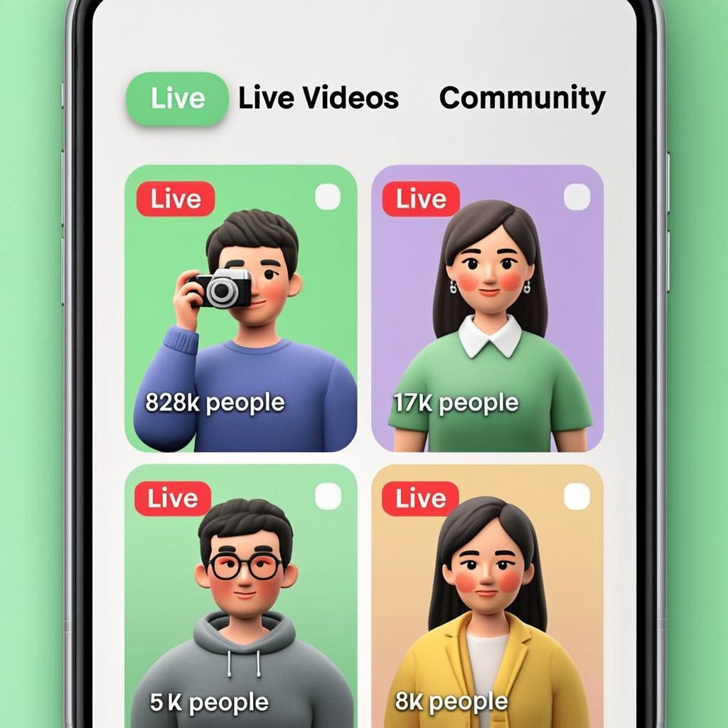 Grid of live stream thumbnails with LIVE badges and viewer counts