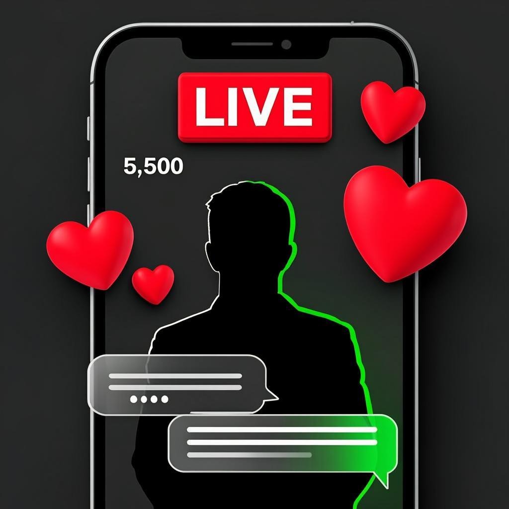 Smartphone live streaming interface with LIVE badge, viewer count, and chat overlay