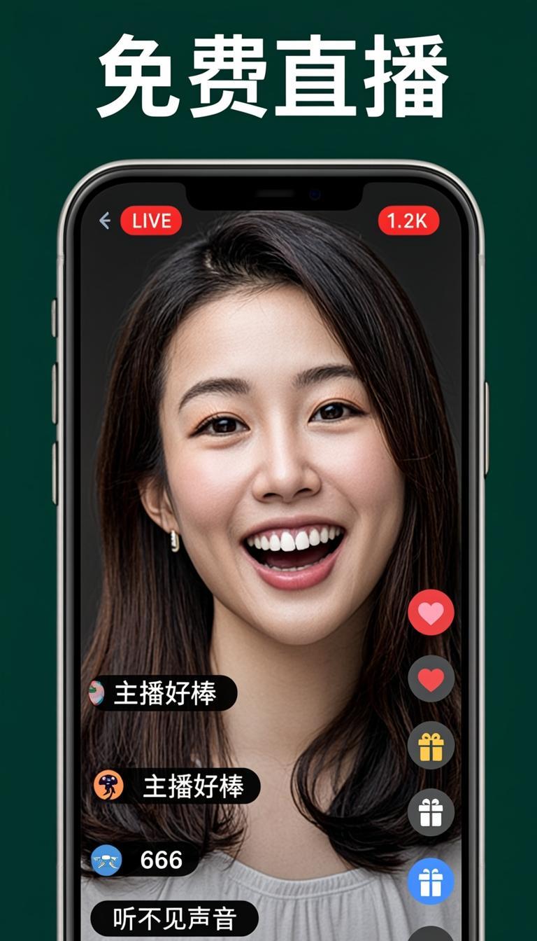 Smartphone showing a free live stream interface with LIVE badge, viewer count, and chat overlay