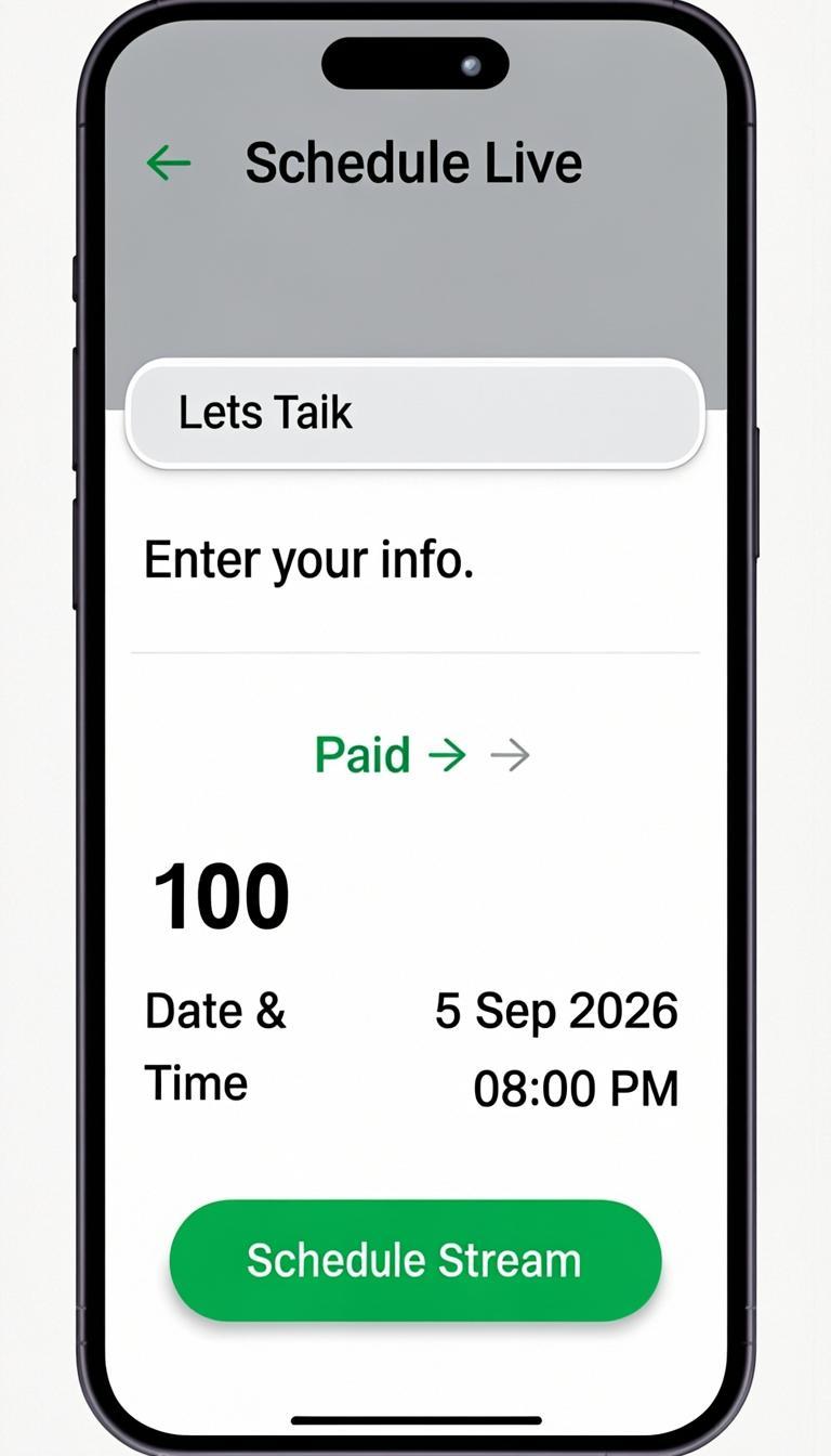 Smartphone showing a schedule live stream form with title, date, time fields, and Schedule Stream button